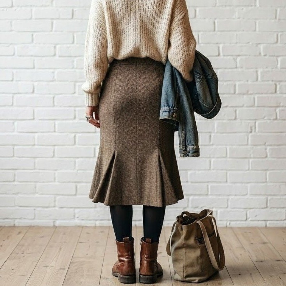 Zara Tweed Herringbone Skirt Womens 4 Brown Flared Midi Office Dark Academia 28W
